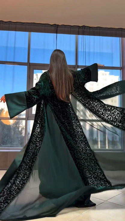 Kimono Velours floral & crêpe mousseline